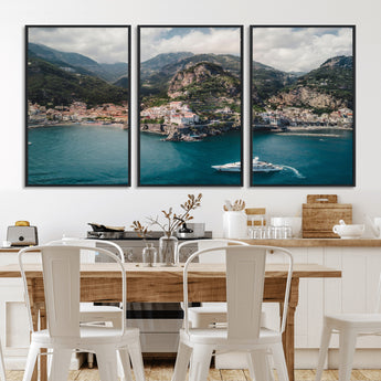 20321590-MGV-FC-60X30-3P_Black-Amalfi Coast Wall Art Canvas Print, Framed Italy Travel Art Picture Print, Mediterranean Landscape Perfect Mediterranean Coastal