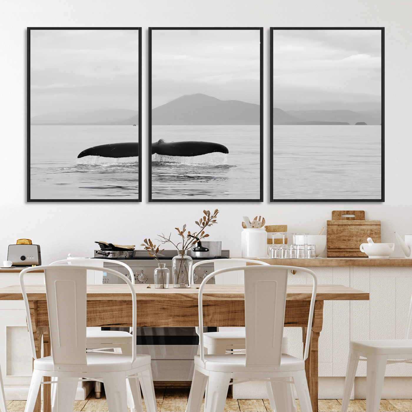 30524220-MGV-CV-36X24-Whale Tail Wall Art Canvas Print, Framed Black White Ocean Art Picture Print, Calm Marine Perfect Minimalist Coastal Decor Artwork