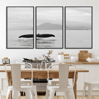 30524220-MGV-CV-36X24-Whale Tail Wall Art Canvas Print, Framed Black White Ocean Art Picture Print, Calm Marine Perfect Minimalist Coastal Decor Artwork