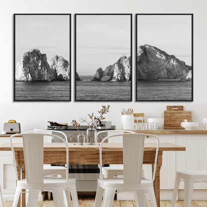 18810731-MGV-CV-36X24-Rugged Coastline Wall Art Canvas Print, Framed Ocean Cliffs Art Picture Print, Monochrome Seascape Perfect Coastal Minimalist