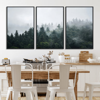 84146572-MGV-FC-60X30-3P_Black-Foggy Pine Trees Wall Art Canvas Print, Framed Forest Nature Art Picture Print, Evergreen Forest Perfect Scandinavian Minimalist