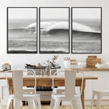 42544082-MGV-FC-60X30-3P_Black-Monochrome Seascape Wall Art Canvas Print, Framed Surf Wave Art Picture Print, Minimalist Ocean Perfect Moody Coastal Decor