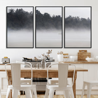 59703275-MGV-FC-60X30-3P_Black-Surfer in Fog Wall Art Canvas Print, Framed Foggy Beach Art Picture Print, Coastal Surf Perfect Moody Coastal Decor Artwork