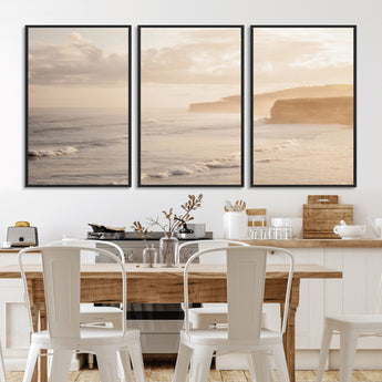 57669769-MGV-CV-36X24-Misty Coastal Wall Art Canvas Print, Framed Golden Sunset Art Picture Print, Serene Shoreline Perfect Tranquil Coastal Decor