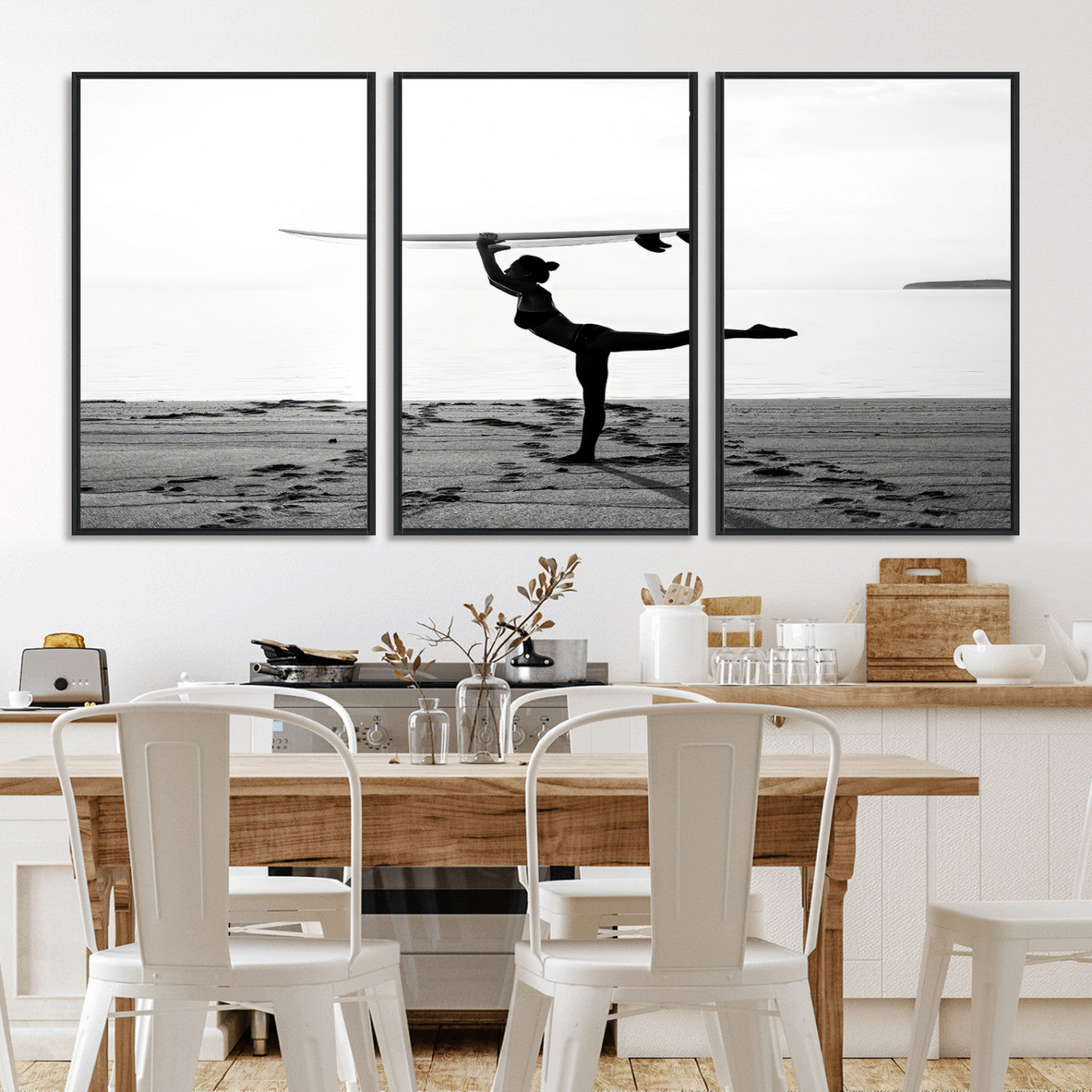 28441356-MGV-FC-60X30-3P_Black-Yoga Surf Wall Art Canvas Print, Framed Black White Shore Art Picture Print, Peaceful Ocean Perfect Minimalist Coastal Decor