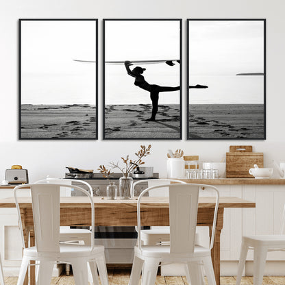 28441356-MGV-FC-60X30-3P_Black-Yoga Surf Wall Art Canvas Print, Framed Black White Shore Art Picture Print, Peaceful Ocean Perfect Minimalist Coastal Decor