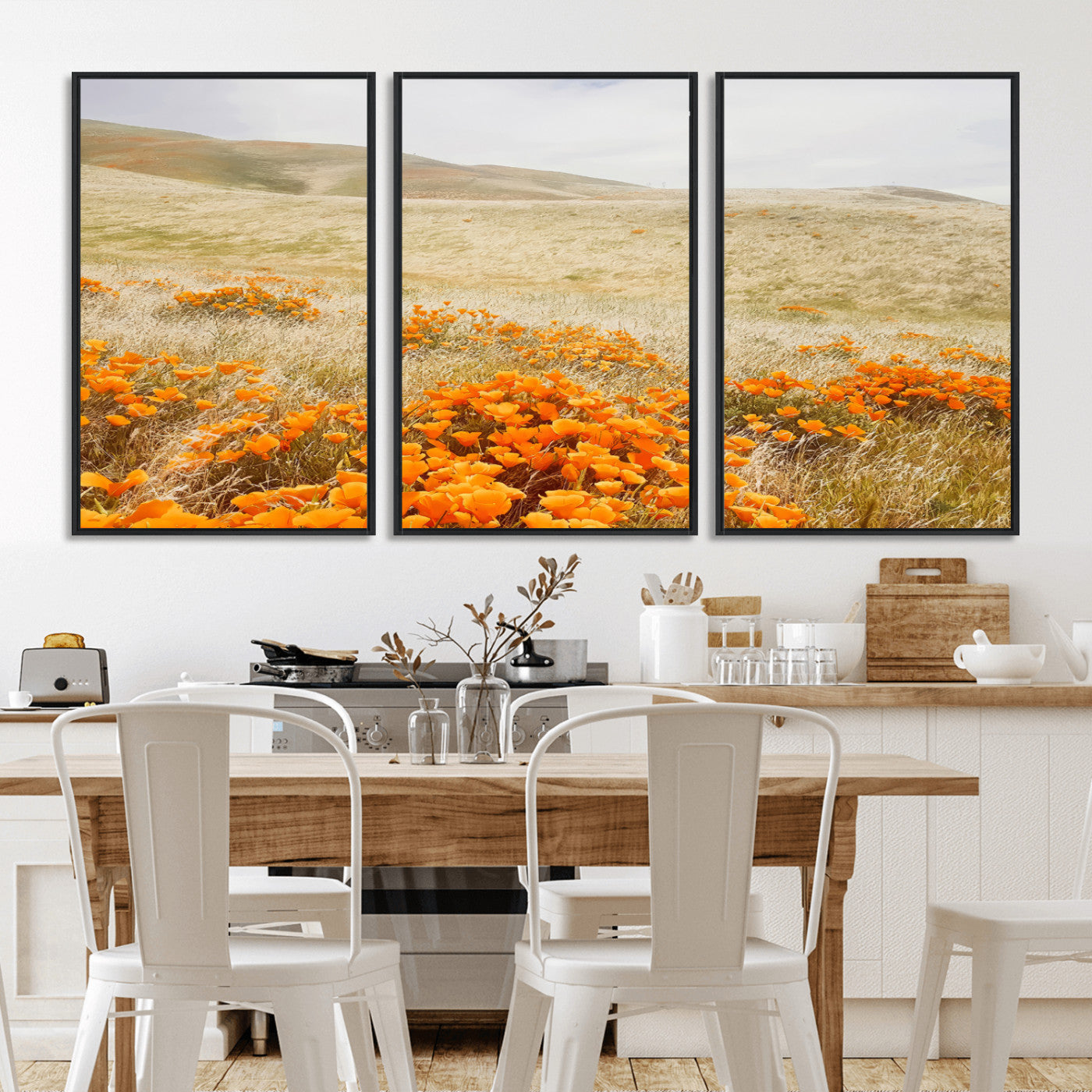 28972262-MGV-CV-36X24-Golden Wildflowers Wall Art Canvas Print, Framed Hills Bloom Art Picture Print, Poppy Meadow Perfect Rustic Nature Decor Artwork