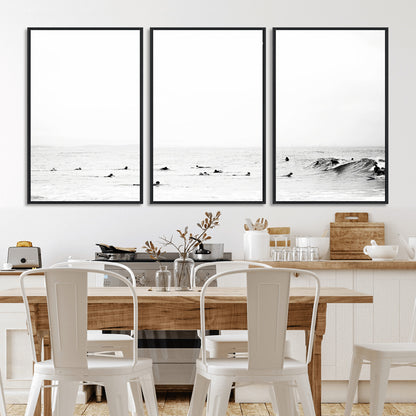 38441169-MGV-FC-60X30-3P_Black-Monochrome Swimming Wall Art Canvas Print, Framed Ocean Horizon Art Picture Print, Moody Coastal Perfect Minimalist Coastal Decor