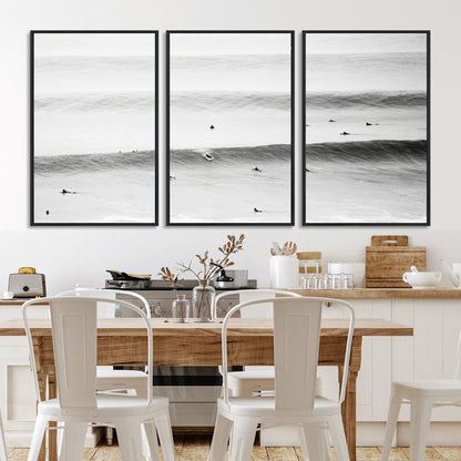 54291445-MGV-FC-60X30-3P_Black-Black White Ocean Wall Art Canvas Print, Framed Coastal Sport Art Picture Print, Ocean Culture Perfect Minimalist Coastal Decor