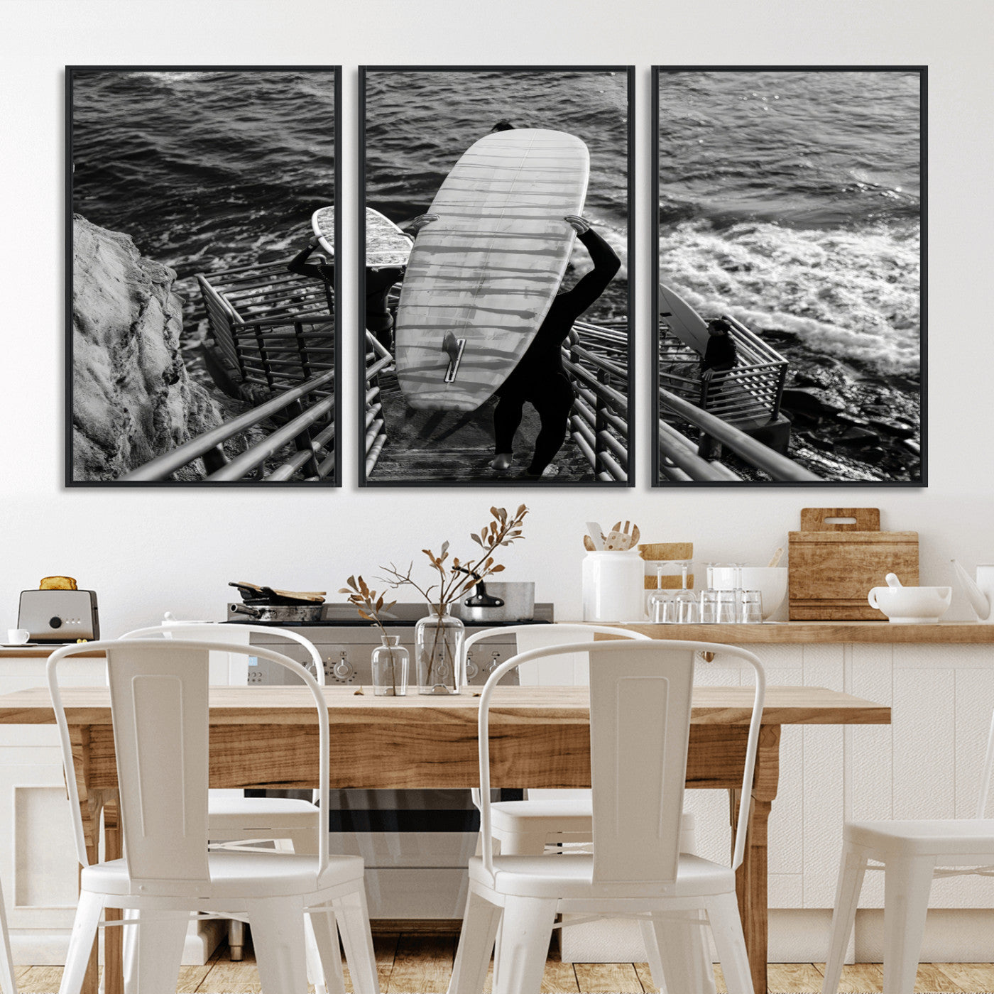 32353707-MGV-FC-60X30-3P_Black-Black White Surfing Wall Art Canvas Print, Framed Coastal Surfing Art Picture Print, Wave Riders Perfect Coastal Adventure Decor