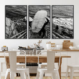32353707-MGV-FC-60X30-3P_Black-Black White Surfing Wall Art Canvas Print, Framed Coastal Surfing Art Picture Print, Wave Riders Perfect Coastal Adventure Decor