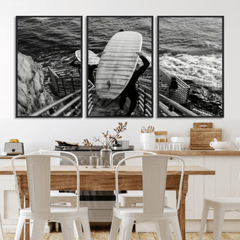 32353707-MGV-FC-60X30-3P_Black-Black White Surfing Wall Art Canvas Print, Framed Coastal Surfing Art Picture Print, Wave Riders Perfect Coastal Adventure Decor