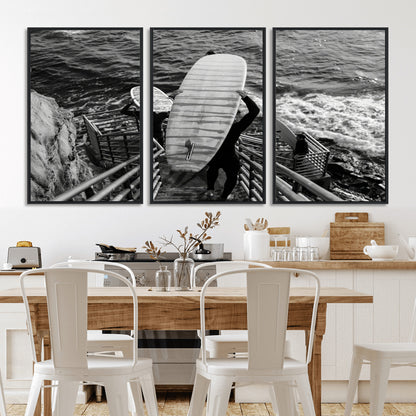 32353707-MGV-CV-36X24-Black White Surfing Wall Art Canvas Print, Framed Coastal Surfing Art Picture Print, Wave Riders Perfect Coastal Adventure Decor
