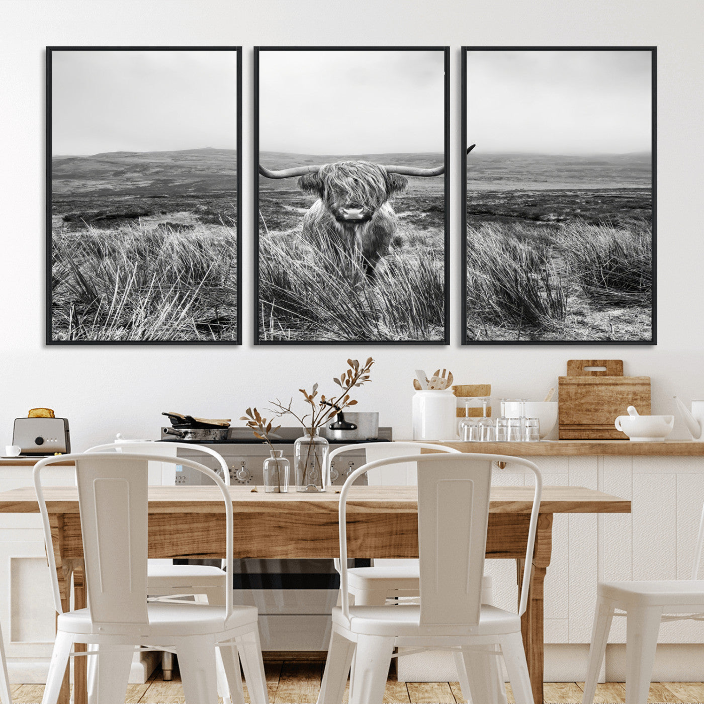 24051061-MGV-FC-60X30-3P_Black-Monochrome Highland Cow Wall Art Canvas Print, Framed Scottish Bull Art Picture Print, Lone Cattle Perfect Rustic Farmhouse Decor