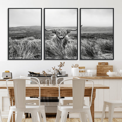 24051061-MGV-CV-36X24-Monochrome Highland Cow Wall Art Canvas Print, Framed Scottish Bull Art Picture Print, Lone Cattle Perfect Rustic Farmhouse Decor