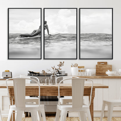 69798068-MGV-CV-36X24-Black White Surfing Wall Art Canvas Print, Framed Ocean Horizon Art Picture Print, Surfer Girl Perfect Coastal Adventure Decor