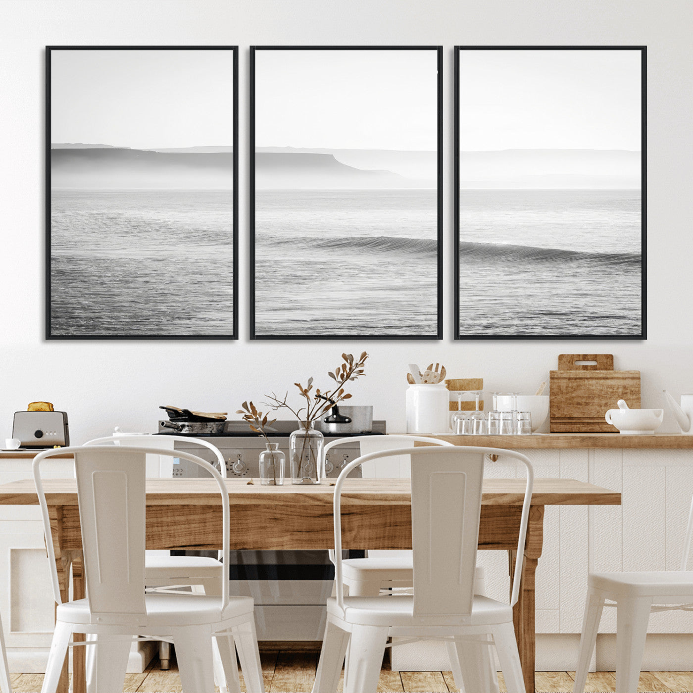 60635783-MGV-FC-60X30-3P_Black-Black White Seascape Wall Art Canvas Print, Framed Ocean Waves Art Picture Print, Misty Coastal Perfect Minimalist Coastal Decor