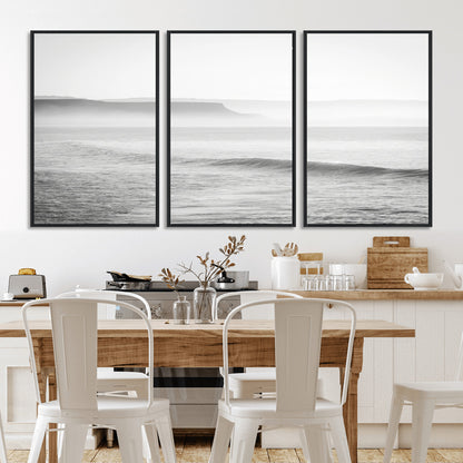 60635783-MGV-FC-60X30-3P_Black-Black White Seascape Wall Art Canvas Print, Framed Ocean Waves Art Picture Print, Misty Coastal Perfect Minimalist Coastal Decor
