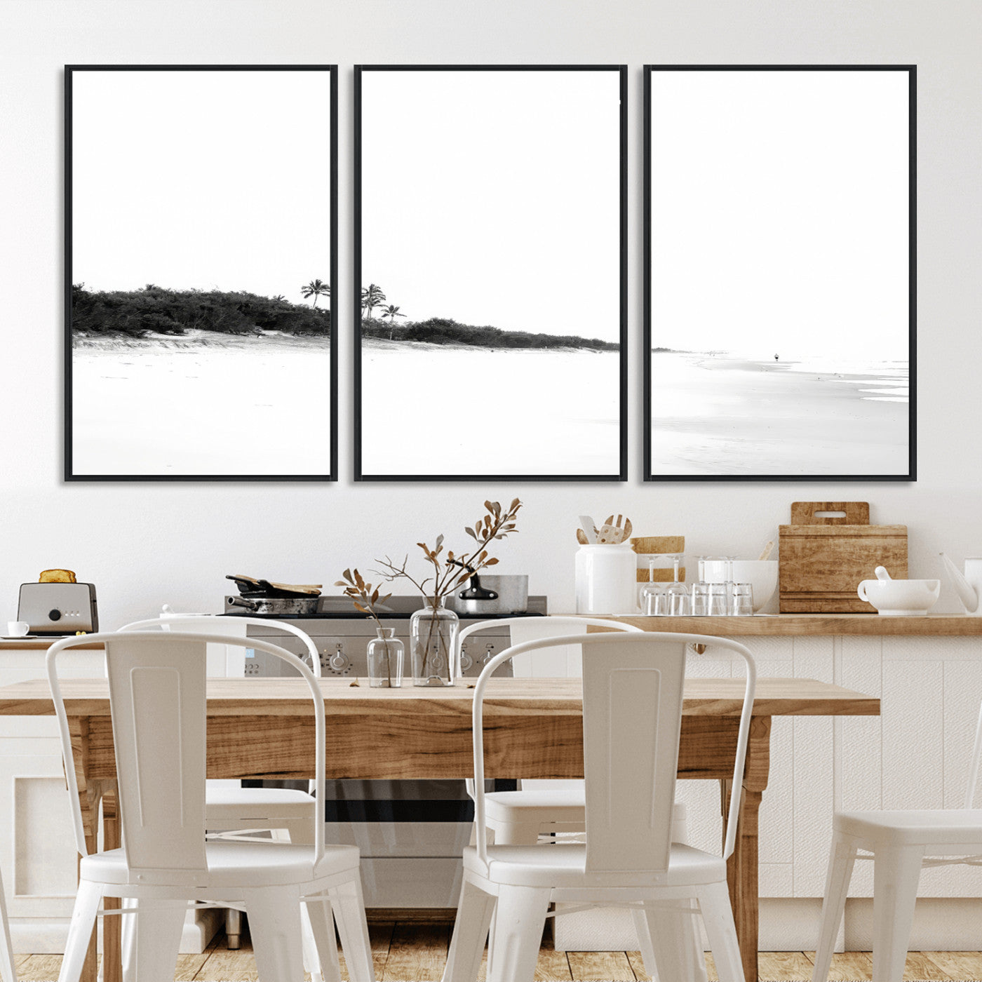 29611516-MGV-FC-60X30-3P_Black-Black White Beach Wall Art Canvas Print, Framed Palm Trees Art Picture Print, Monochrome Tropical Perfect Minimalist Coastal Decor