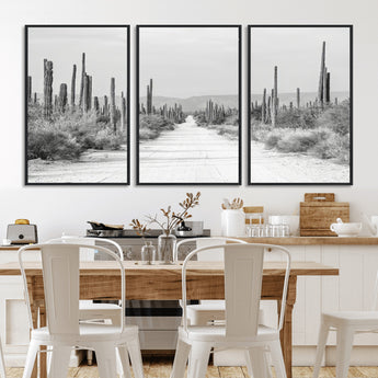 35537313-MGV-FC-60X30-3P_Black-Monochrome Desert Wall Art Canvas Print, Framed Cactus Path Art Picture Print, Southwestern Landscape Perfect Southwestern