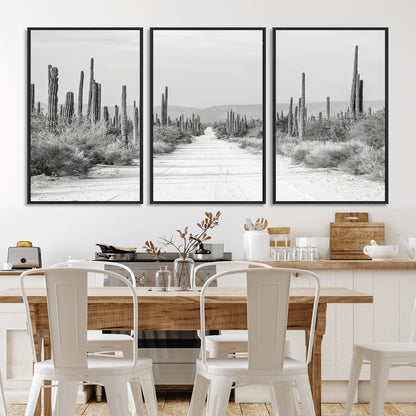 35537313-MGV-FC-60X30-3P_Black-Monochrome Desert Wall Art Canvas Print, Framed Cactus Path Art Picture Print, Southwestern Landscape Perfect Southwestern