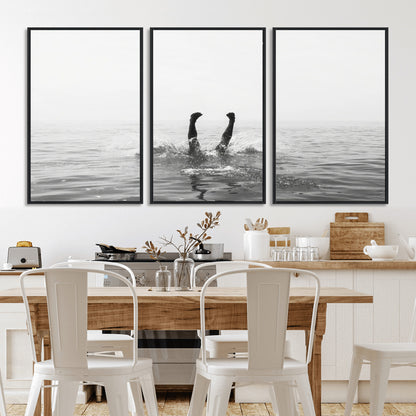 26667396-MGV-FC-60X30-3P_Black-Black White Ocean Wall Art Canvas Print, Framed Monochrome Water Art Picture Print, Diving into Water Perfect Minimalist Aquatic