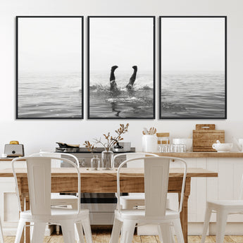 26667396-MGV-CV-36X24-Black White Ocean Wall Art Canvas Print, Framed Monochrome Water Art Picture Print, Diving into Water Perfect Minimalist Aquatic