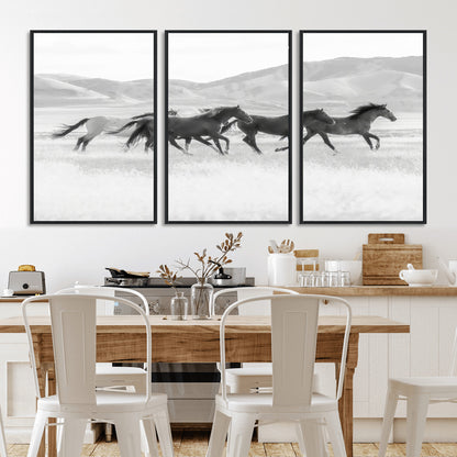 69934913-MGV-CV-36X24-Wild Horses Running Wall Art Canvas Print, Framed Black White Mustangs Art Picture Print, Rustic Western Perfect Rustic Western