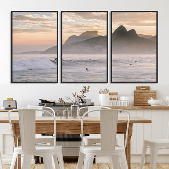 70644906-MGV-CV-36X24-Sunset Surfing Wall Art Canvas Print, Framed Misty Mountains Art Picture Print, Surfer Riding Wave Perfect Coastal Adventure Decor