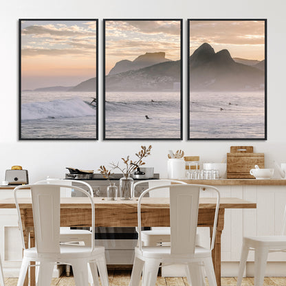 70644906-MGV-CV-36X24-Sunset Surfing Wall Art Canvas Print, Framed Misty Mountains Art Picture Print, Surfer Riding Wave Perfect Coastal Adventure Decor