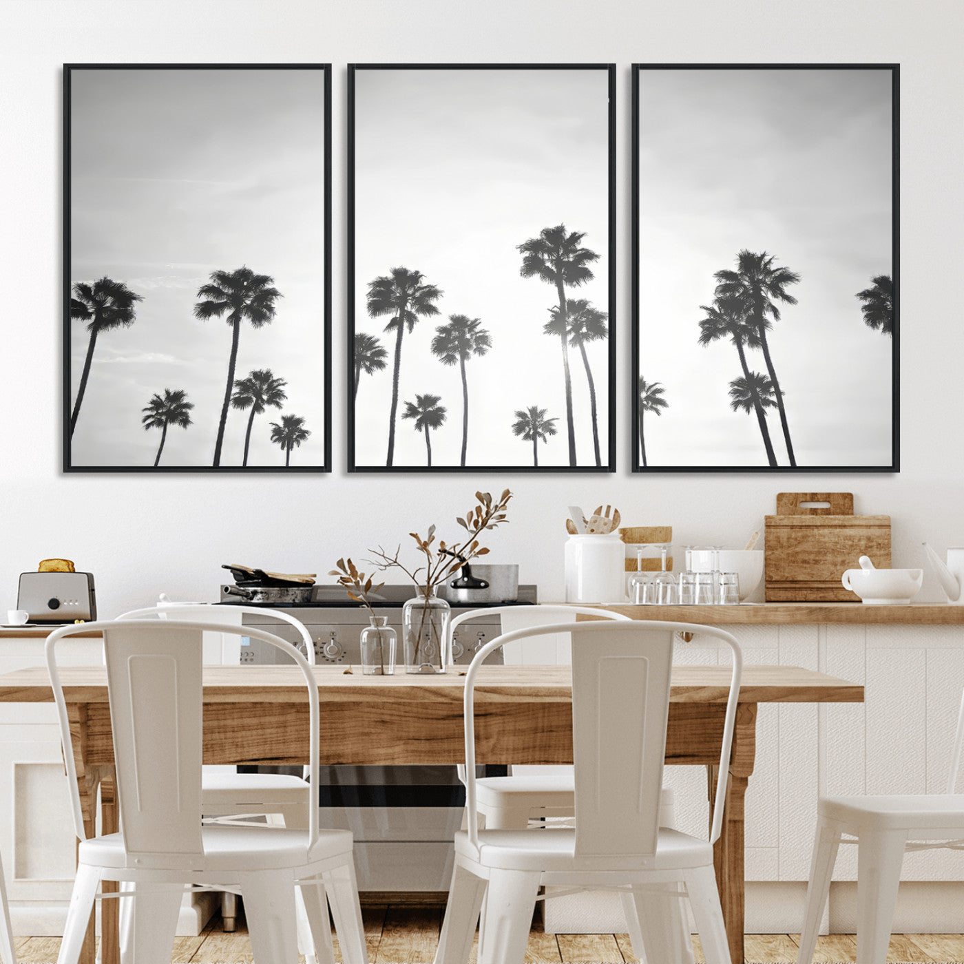 62298277-MGV-FC-60X30-3P_Black-Monochrome Palms Wall Art Canvas Print, Framed Minimalist Trees Art Picture Print, Silhouetted Palms Perfect Tropical Minimalist