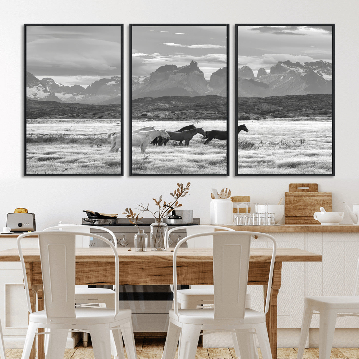 21655040-MGV-FC-60X30-3P_Black-Wild Horses Wall Art Canvas Print, Framed Black White Mountains Art Picture Print, Rustic Countryside Perfect Rustic Western Decor