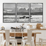 21655040-MGV-FC-60X30-3P_Black-Wild Horses Wall Art Canvas Print, Framed Black White Mountains Art Picture Print, Rustic Countryside Perfect Rustic Western Decor