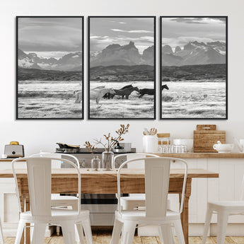 21655040-MGV-CV-36X24-Wild Horses Wall Art Canvas Print, Framed Black White Mountains Art Picture Print, Rustic Countryside Perfect Rustic Western Decor