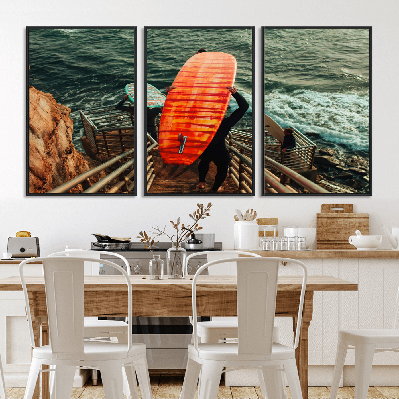 84555848-MGV-FC-60X30-3P_Black-Surfer Stairway Wall Art Canvas Print, Framed Ocean Surf Art Picture Print, Sunset Coastal Perfect Coastal Adventure Decor Artwork