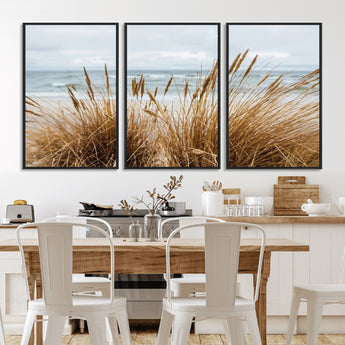 14270839-MGV-FC-60X30-3P_Black-Beach Grass Wall Art Canvas Print, Framed Coastal Dunes Art Picture Print, Dune Grass Perfect Coastal Minimalist Decor Artwork