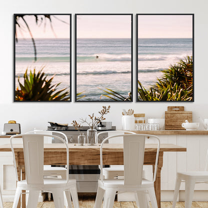 23287092-MGV-FC-60X30-3P_Black-Ocean Surfer Wall Art Canvas Print, Framed Coastal Surf Art Picture Print, Tropical Beach Perfect Tropical Coastal Decor Artwork