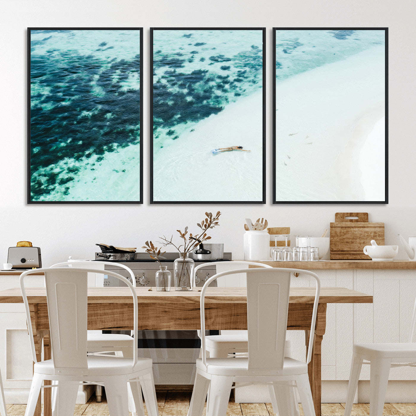 33764764-MGV-FC-60X30-3P_Black-Minimal Beach Wall Art Canvas Print, Framed Ocean Swimming Art Picture Print, Clear Ocean Perfect Minimal Coastal Decor Artwork