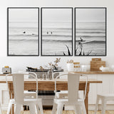 33821421-MGV-FC-60X30-3P_Black-Surfer Silhouette Wall Art Canvas Print, Framed Calm Ocean Art Picture Print, Monochrome Surf Perfect Minimalist Coastal Decor
