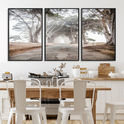 87090469-MGV-FC-60X30-3P_Black-Cypress Tunnel Wall Art Canvas Print, Framed Misty Road Art Picture Print, Foggy Trees Perfect Rustic Woodland Decor Artwork