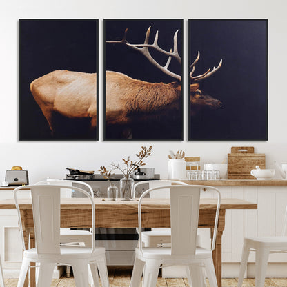 91871131-MGV-FC-60X30-3P_Black-Rustic Elk Art Wall Art Canvas Print, Framed Moody Wildlife Decor Art Picture Print, Western Animal Print Perfect Western Lodge