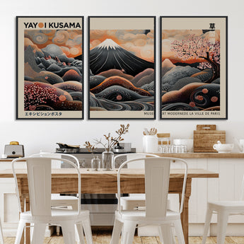 55739266-MGV-CV-36X24-Japanese Wall Art Print – Abstract Yayoi Kusama Inspired Dotted Landscape Poster, Surreal Oriental Mountain and Cherry Blossom
