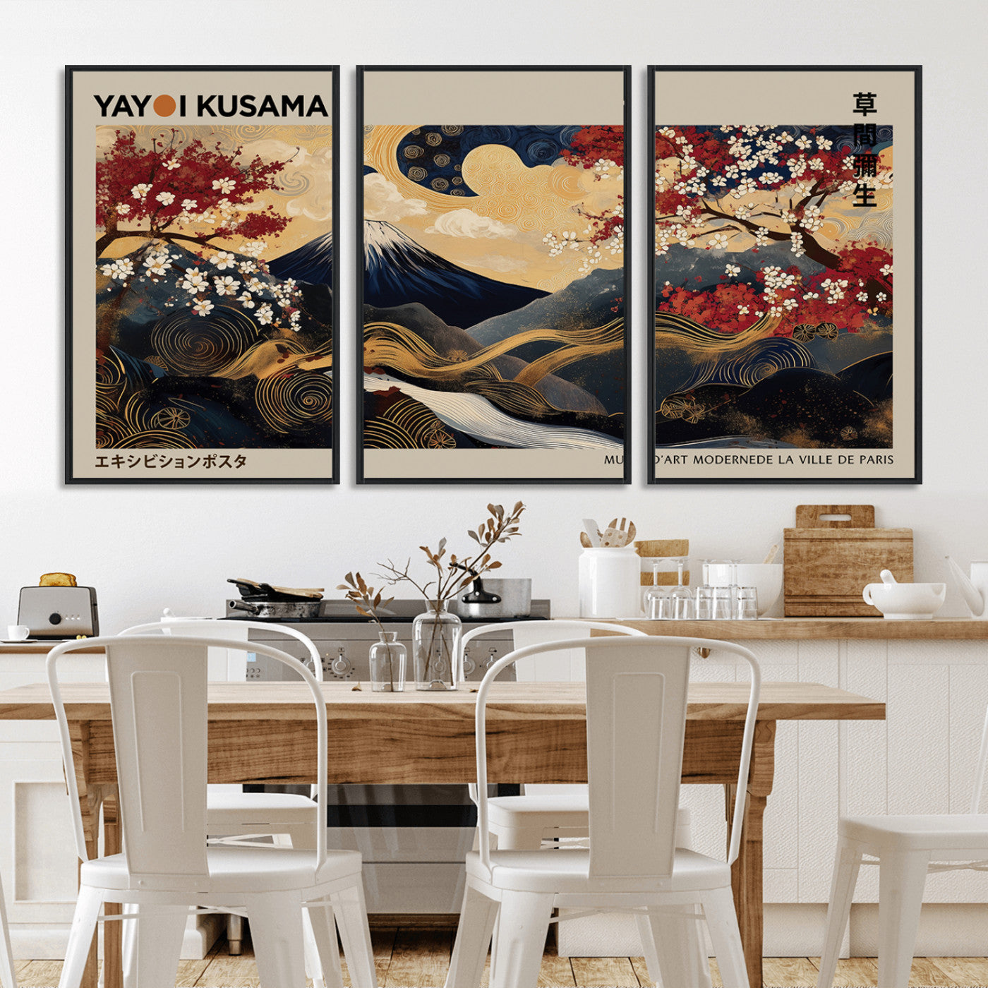 54967195-MGV-CV-36X24-Mount Fuji Wall Art – Japanese Cherry Blossom Abstract Canvas Print, Navy Gold Landscape Painting, Oriental Luxury Home Decor