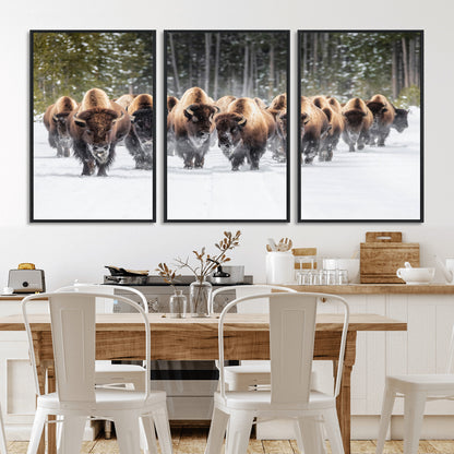 22695857-MGV-FC-60X30-3P_Black-Bison Herd Scene Wall Art Canvas Print, Framed Western Wildlife Art Picture Print, Rustic Animal Art Perfect Rustic Lodge Decor