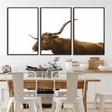 62566114-MGV-FC-60X30-3P_Black-Longhorn Cow Art Wall Art Canvas Print, Framed Rustic Animal Decor Art Picture Print, Texas Bull Photo Perfect Rustic Farmhouse