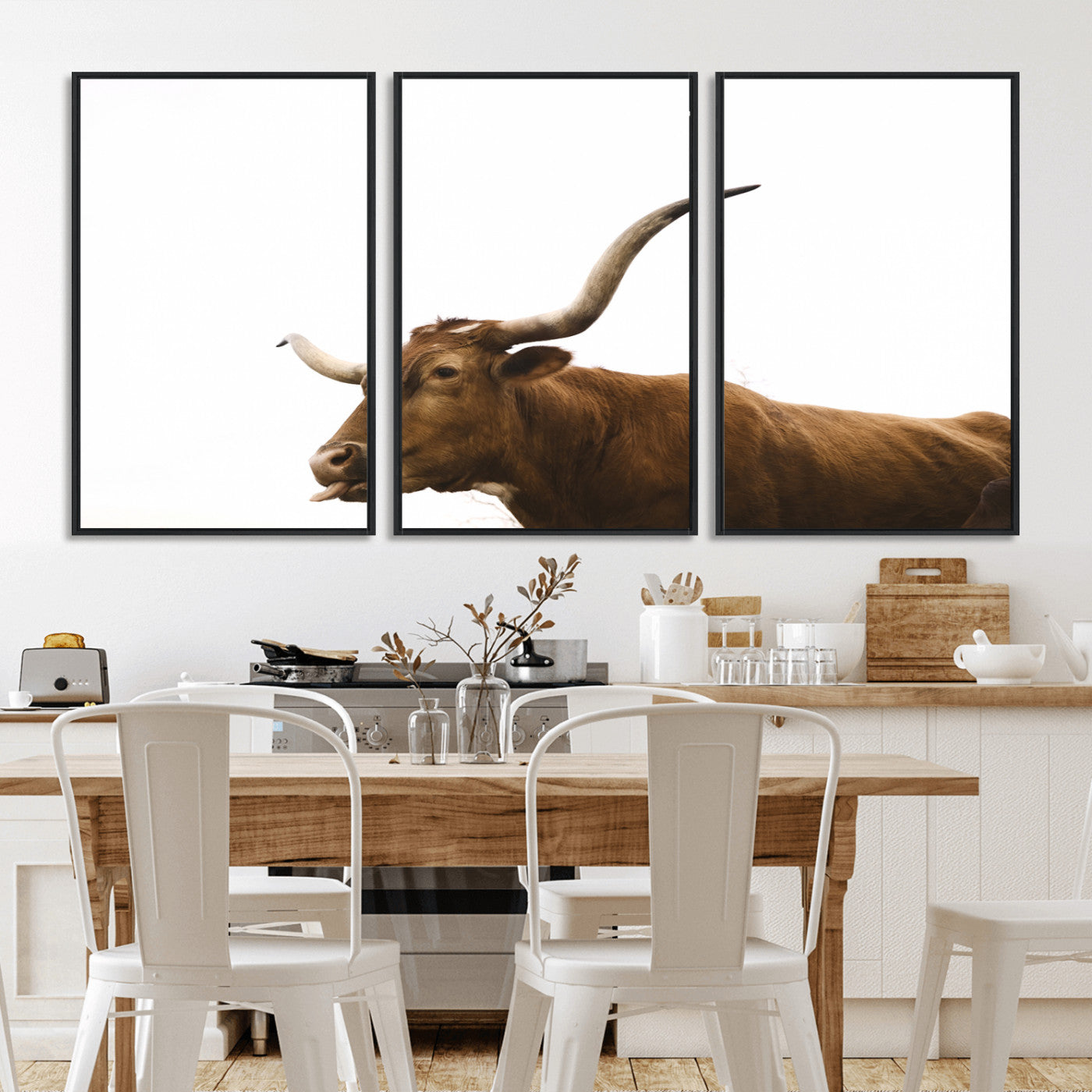 62566114-MGV-FC-60X30-3P_Black-Longhorn Cow Art Wall Art Canvas Print, Framed Rustic Animal Decor Art Picture Print, Texas Bull Photo Perfect Rustic Farmhouse