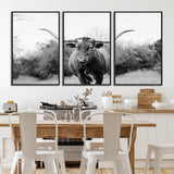 97280319-MGV-FC-60X30-3P_Black-Longhorn Photography Wall Art Canvas Print, Framed Western Cow Decor Art Picture Print, Texas Ranch Style Perfect Rustic Farmhouse