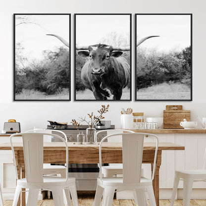 97280319-MGV-FC-60X30-3P_Black-Longhorn Photography Wall Art Canvas Print, Framed Western Cow Decor Art Picture Print, Texas Ranch Style Perfect Rustic Farmhouse