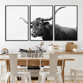 99244177-MGV-CV-36X24-Longhorn Photography Wall Art Canvas Print, Framed Western Cow Decor Art Picture Print, Black White Bull Perfect Modern Rustic