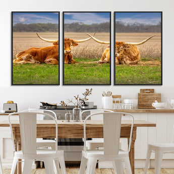 97244565-MGV-FC-60X30-3P_Black-Longhorn Duo Wall Art Canvas Print, Framed Cozy Ranch Vibes Art Picture Print, Western Ranch Decor Perfect Rustic Farmhouse Decor